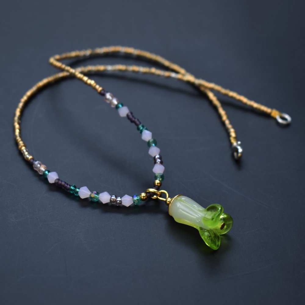 Lilly of the valley necklace, green glass flower necklace